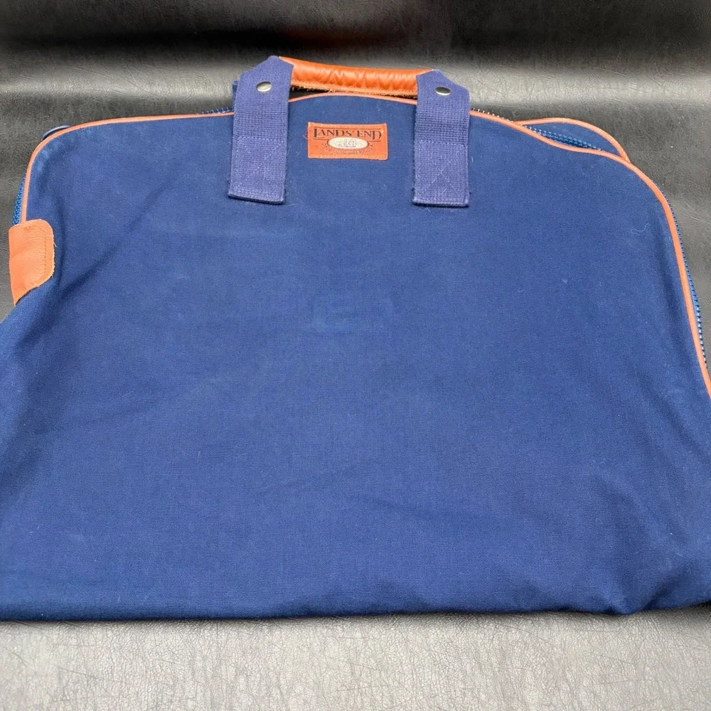 Lands End Deluxe Square Rigger Navy Blue Canvas Garment Bag Leather Trim Vintage